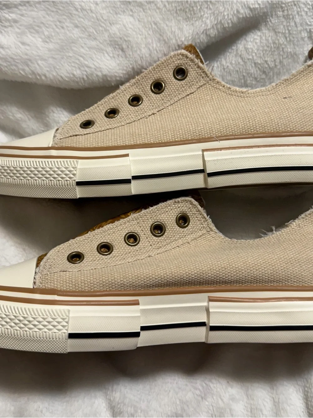 Very G Beige & Tan Slip-On Canvas Sneakers - no box , slight mark on one
